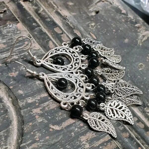 Handcrafted Black Onyx Gemstone Antique Silver Leaves Chandelier Earrings